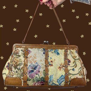 Bueno floral tapestry purse with faux leather trim & studded details